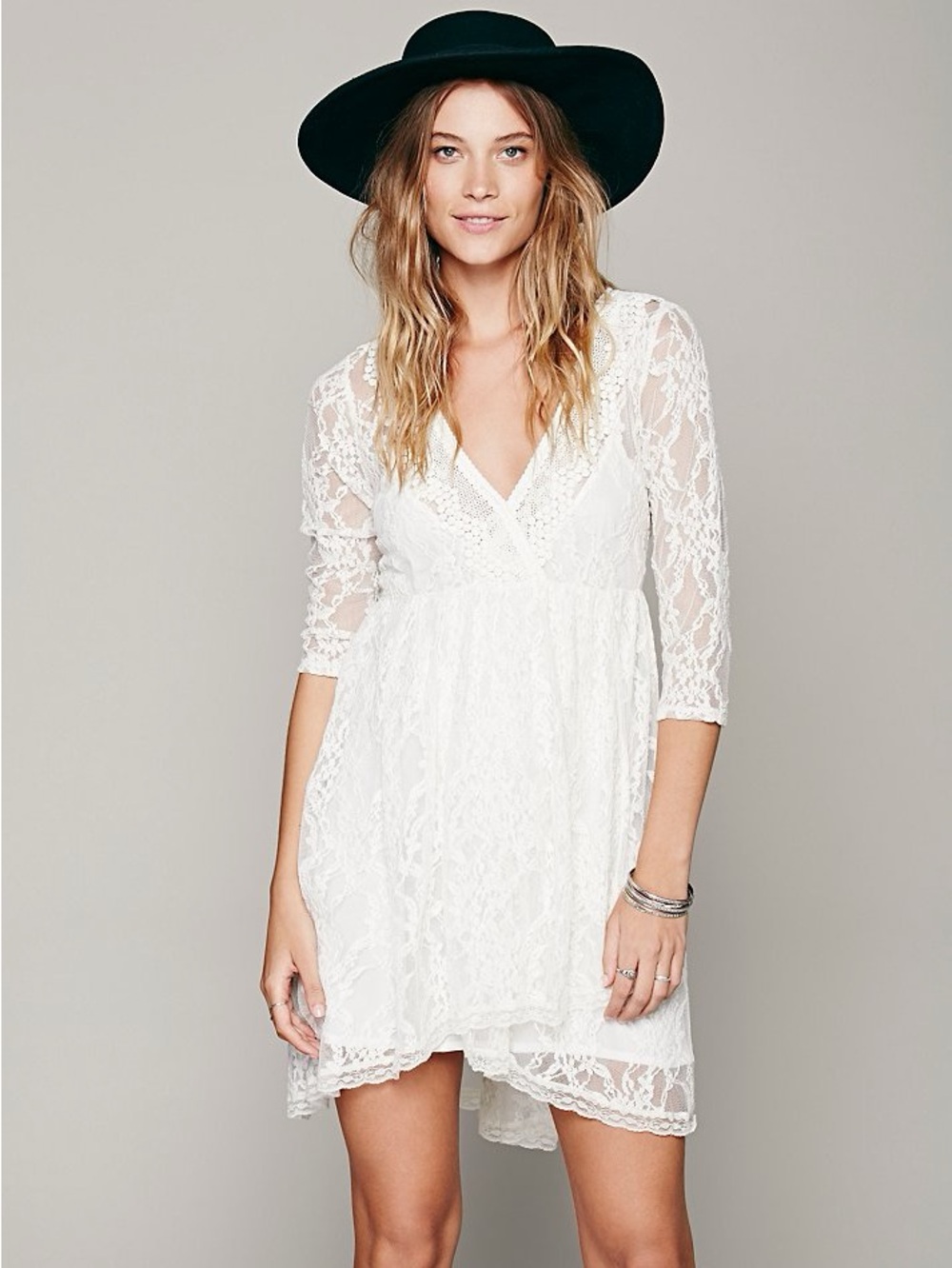 Free People Forever Yours Dress Lace V-Neck 3/4 Sleeves Short Size 12 Cream